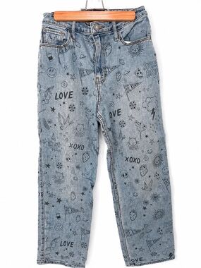 Hollister Ultra High Rise Dad Jeans Doodle Print Light Wash W26 Straight Leg 3S